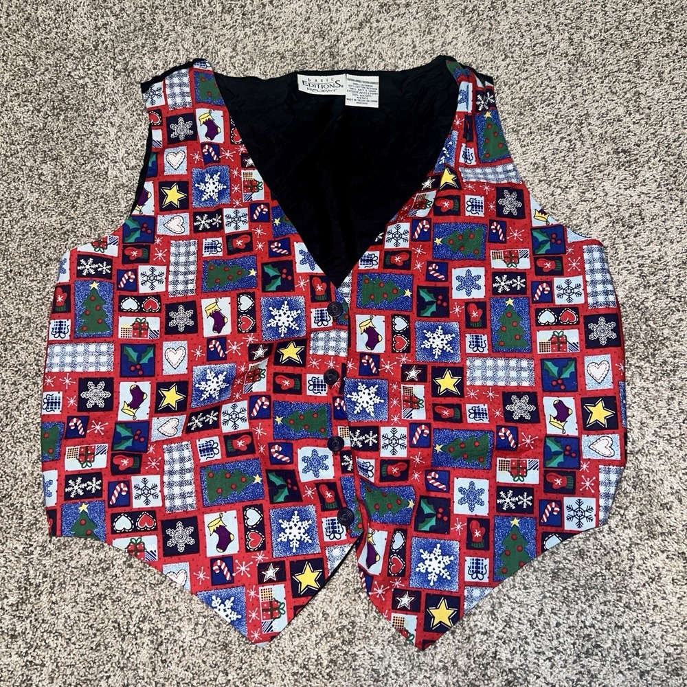 Basic Editions Holiday Womens‎ V-Neck Vest XL Red Christmas Print Cotton Holiday